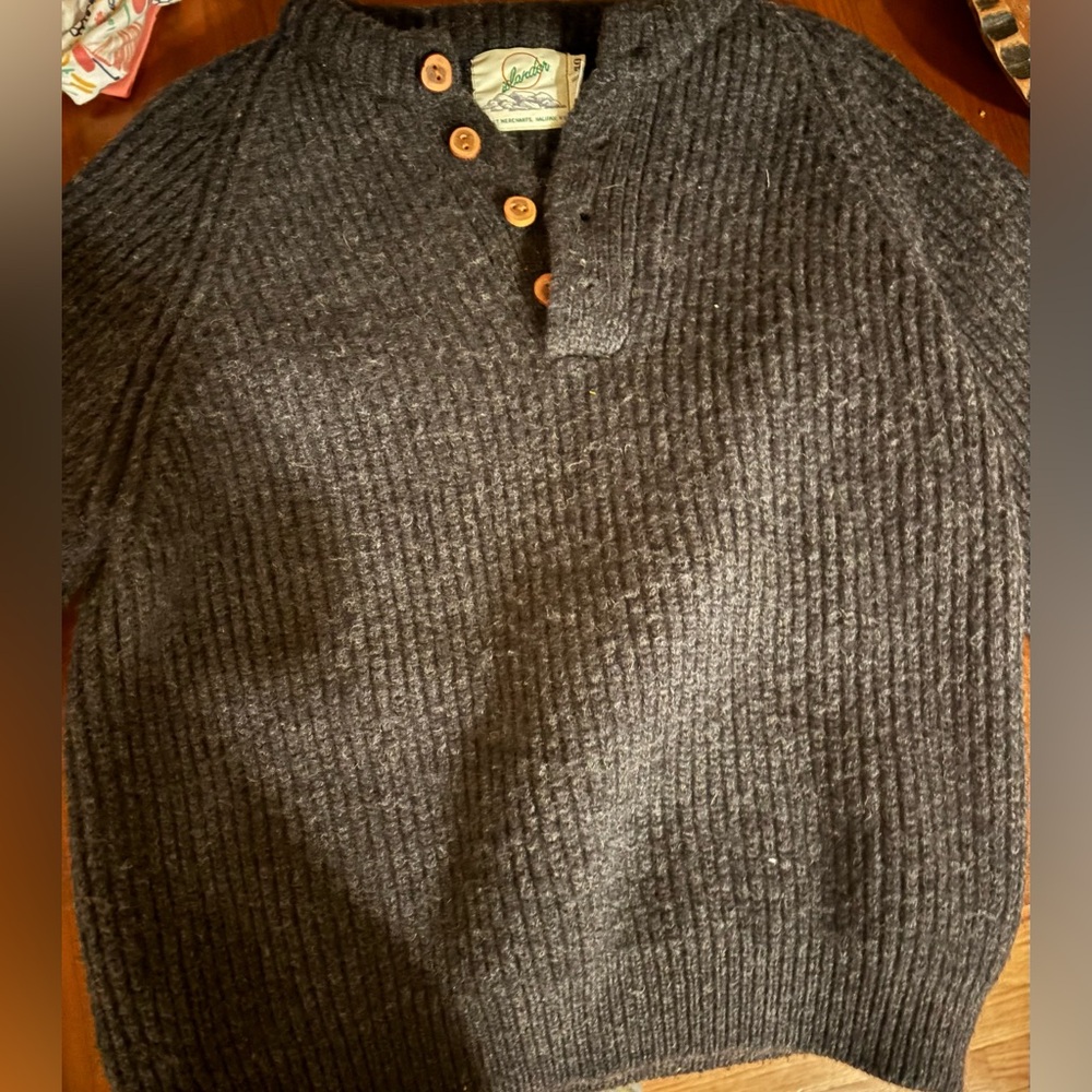 Islander Men’s Charcoal 100% Wool Crewneck Sweater with Button Accents
